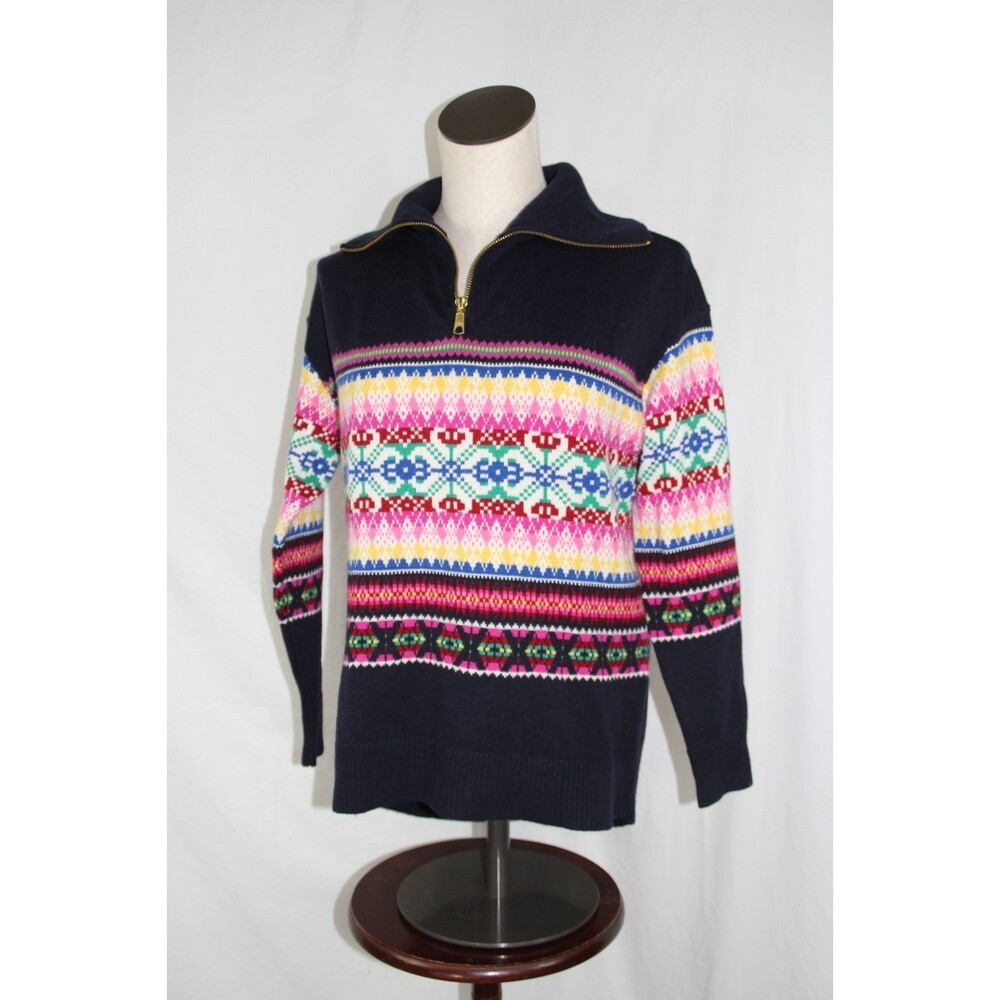Talbots Women's sz Sp Navy Fair Isle Lambs Wool Blend Quarter Zip Sweater